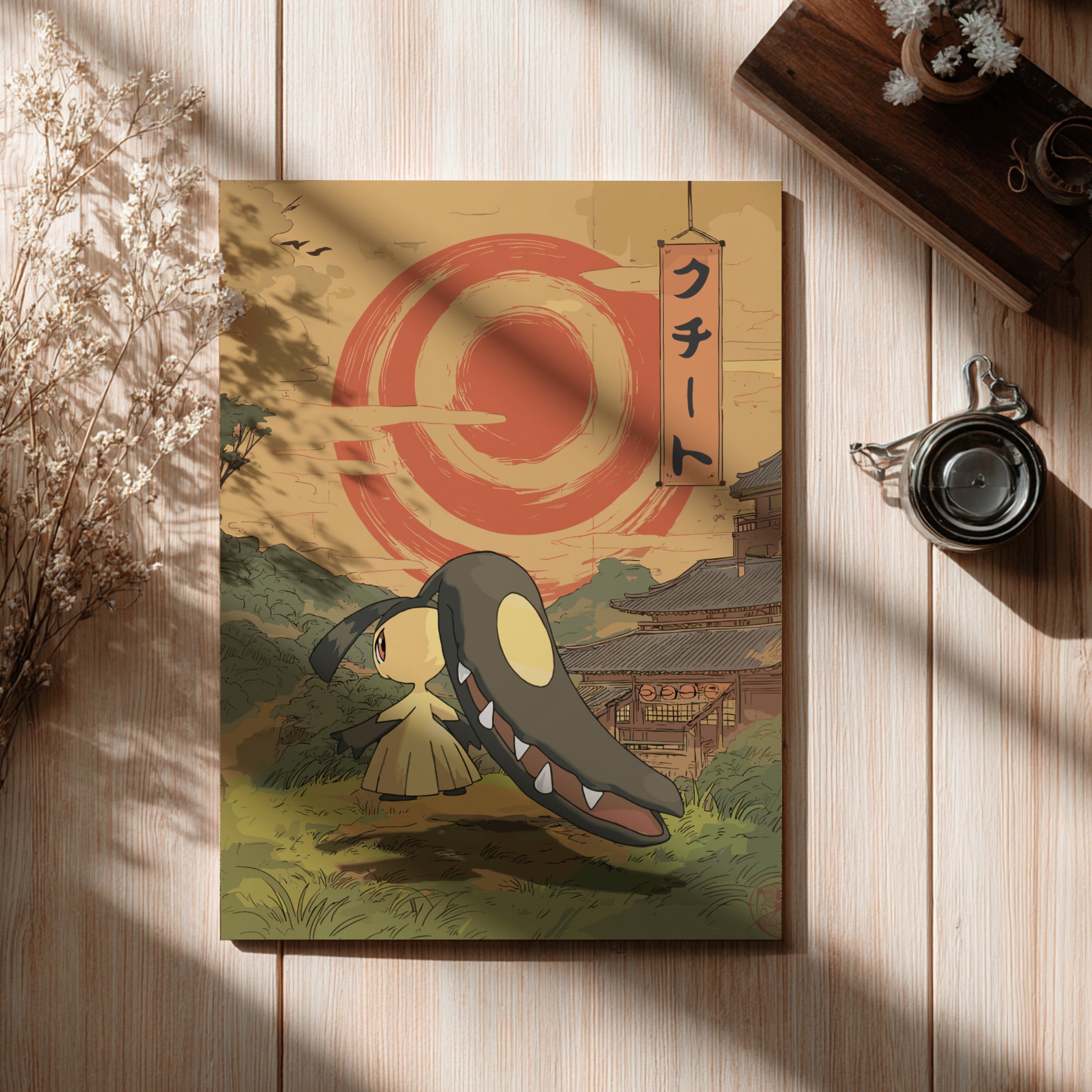 Anime-style iMawile Pokemon llustration of a character with a large mouth on a wooden surface with a tea set.