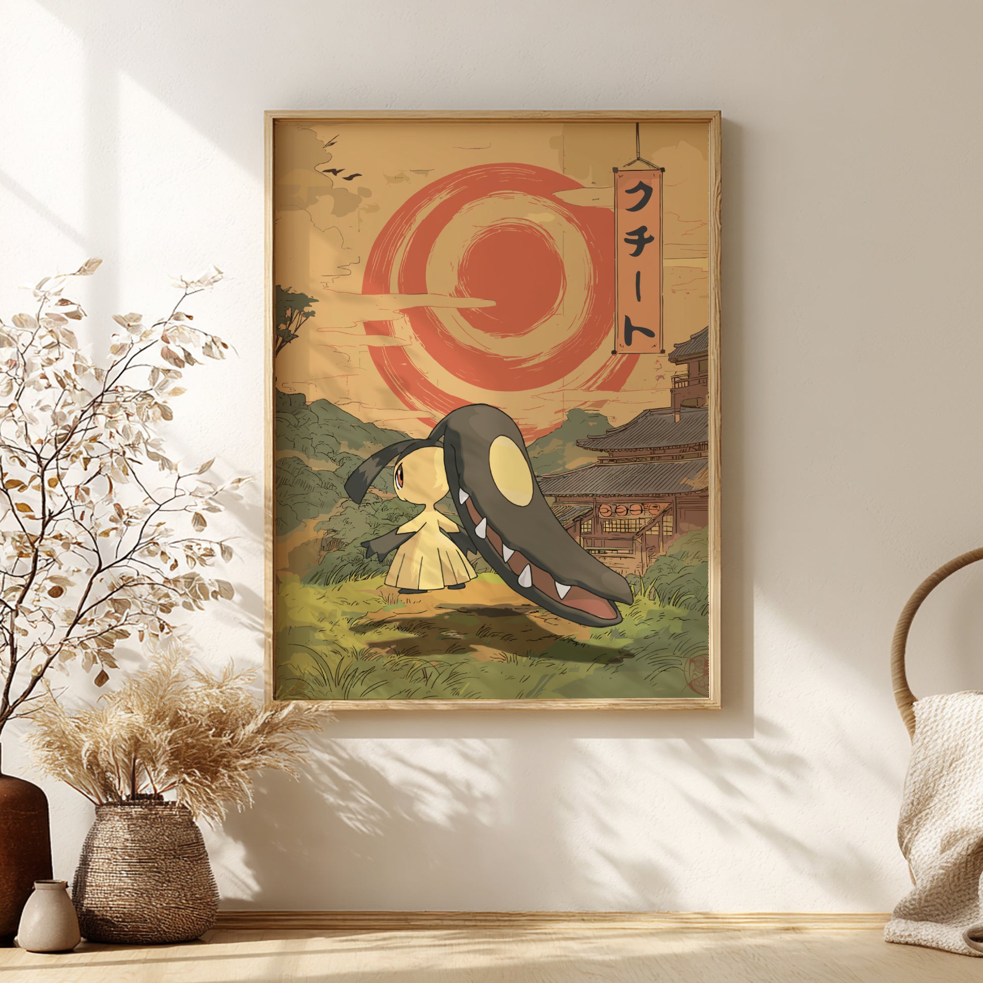 Framed Mawile  artwork with a character and large creature in a scenic setting on a wall.