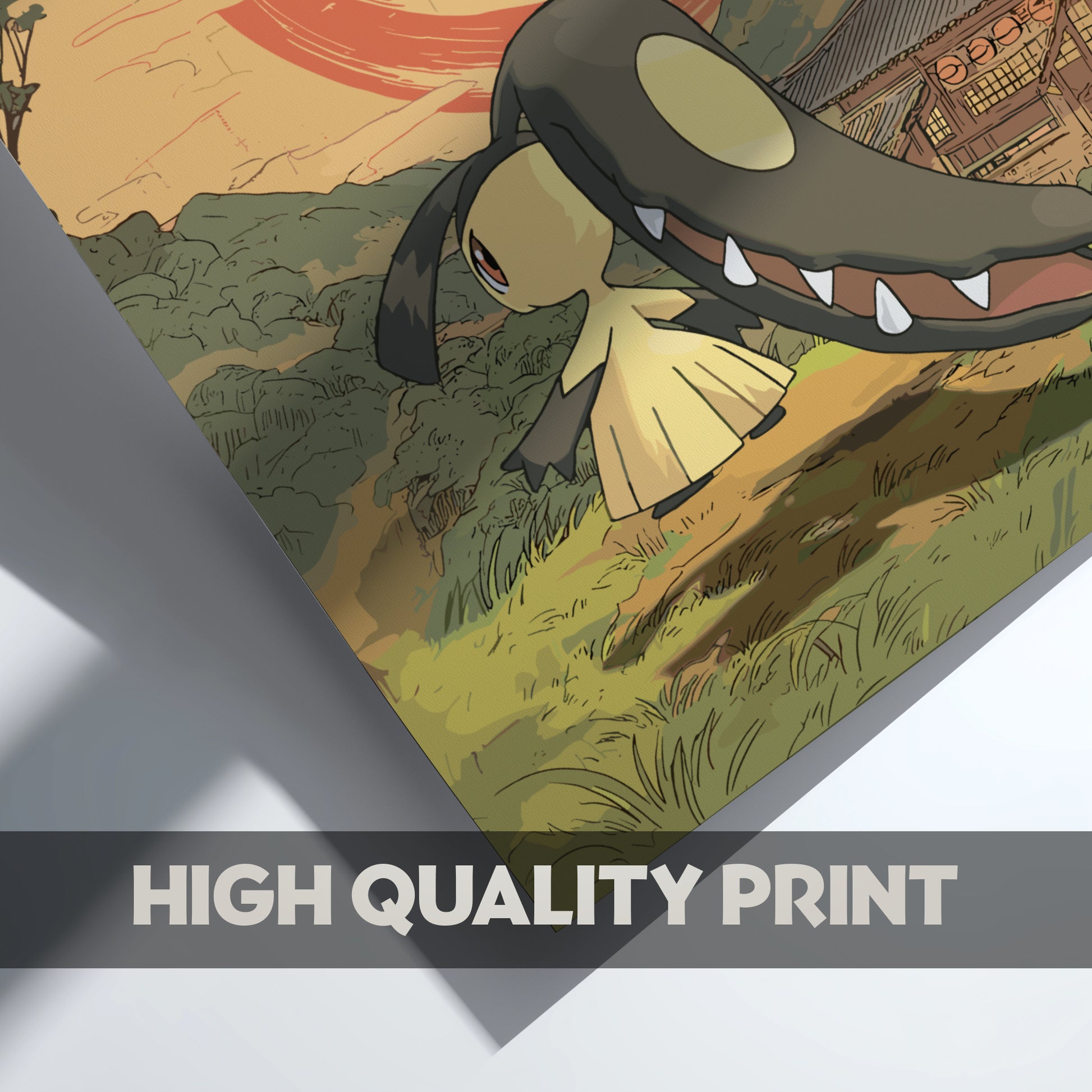 Animated character with a long tongue in a scenic background, labeled 'High Quality Print'.