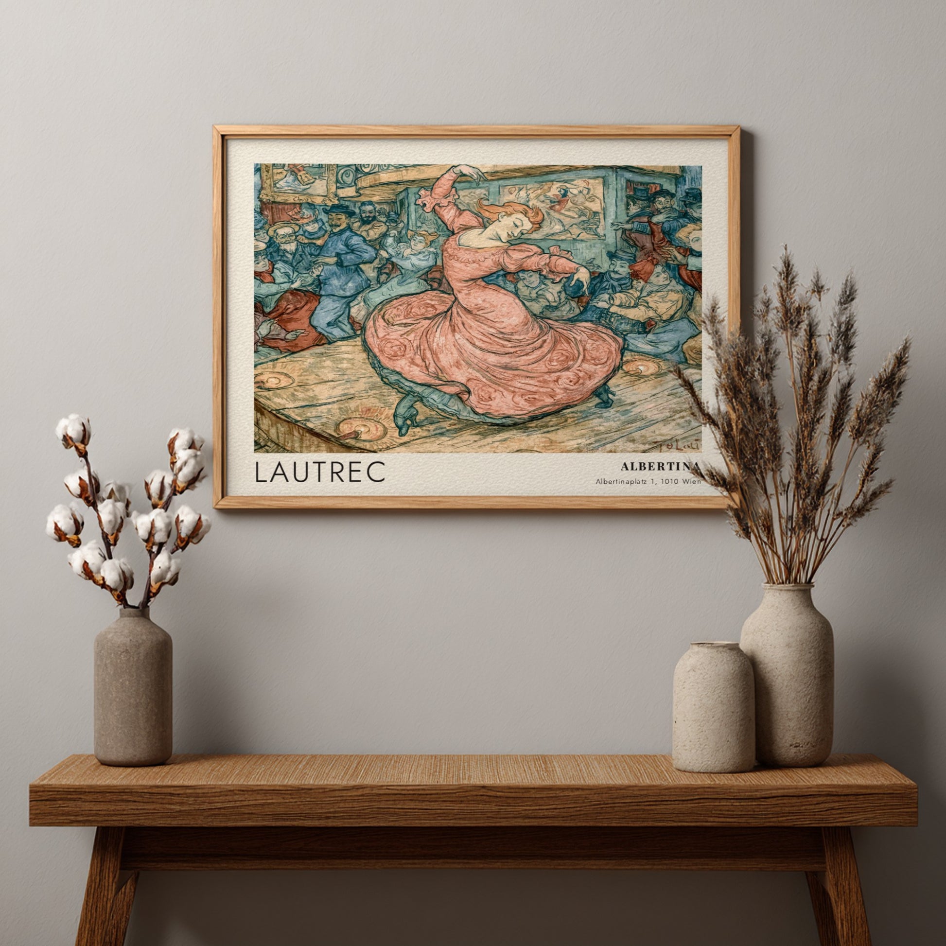 Wall art poster featuring a Toulouse-Lautrec illustration of May Belfort dancing in pink.