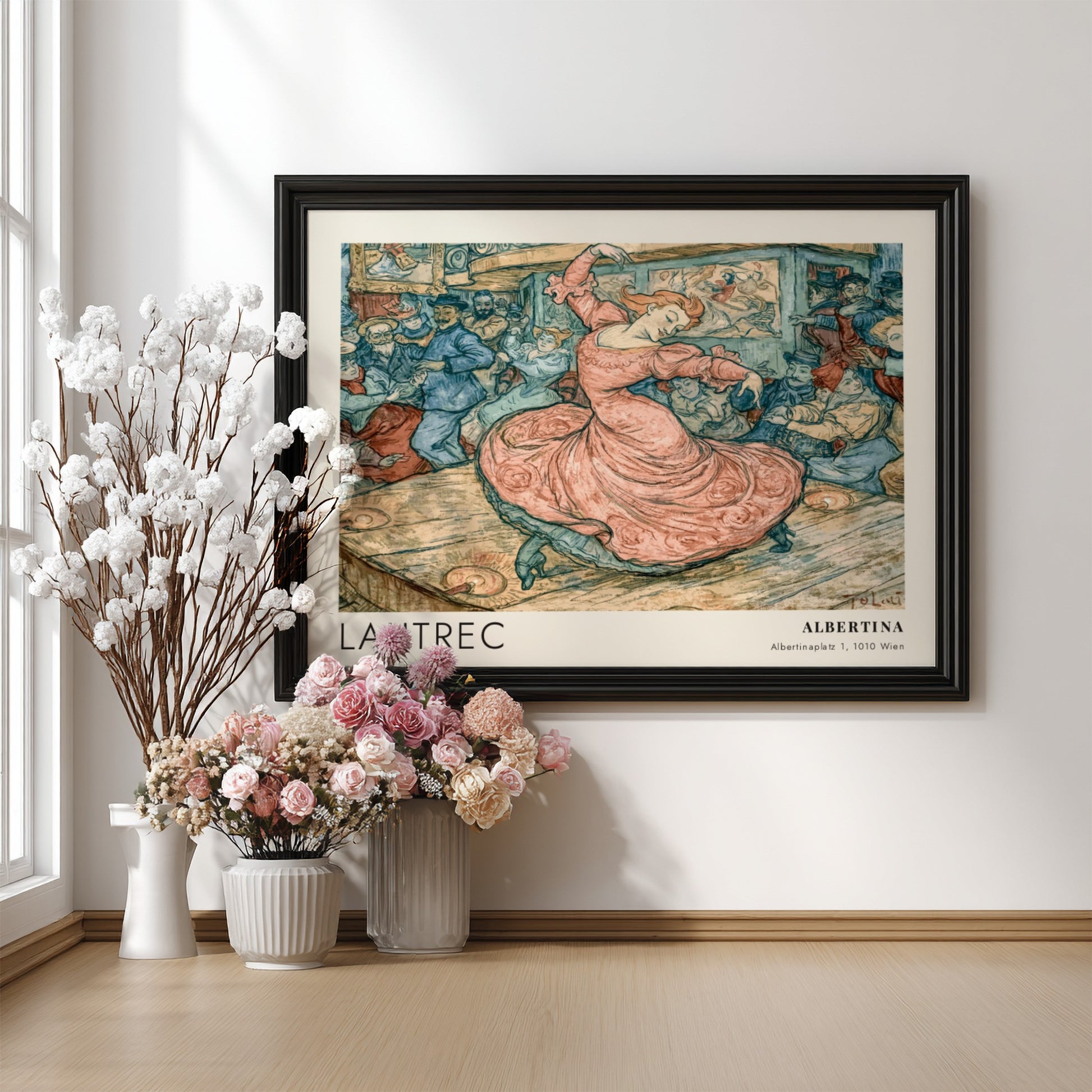 Wall art poster featuring a Toulouse-Lautrec illustration of May Belfort dancing in pink.