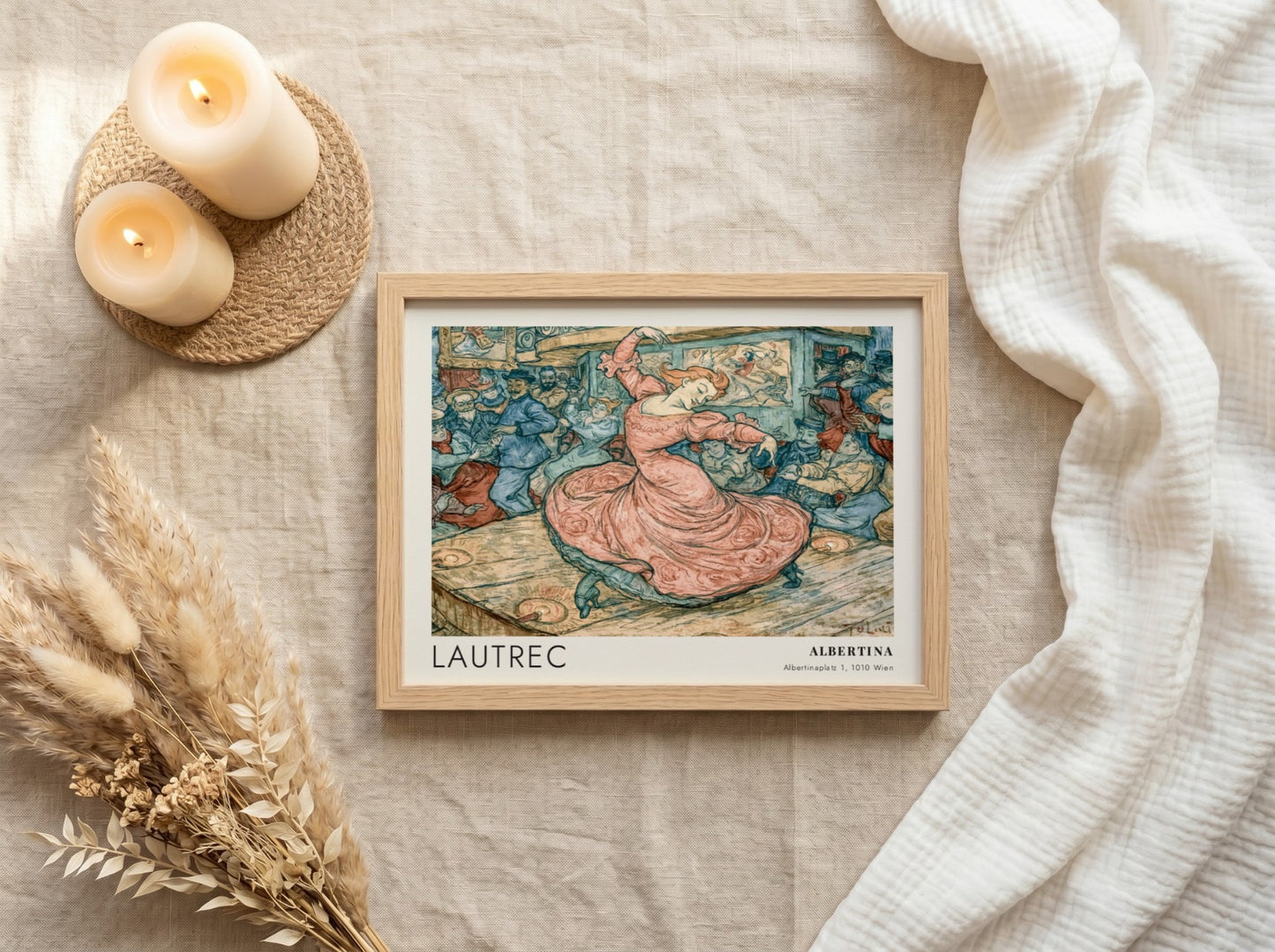 Wall art poster featuring a Toulouse-Lautrec illustration of May Belfort dancing in pink.
