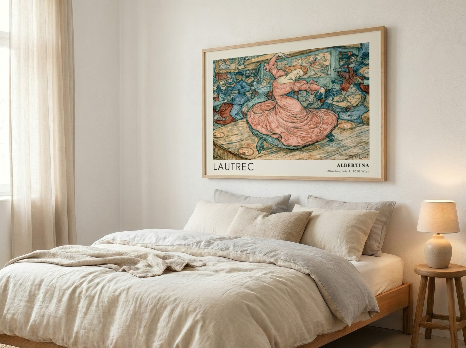 Wall art poster featuring a Toulouse-Lautrec illustration of May Belfort dancing in pink.