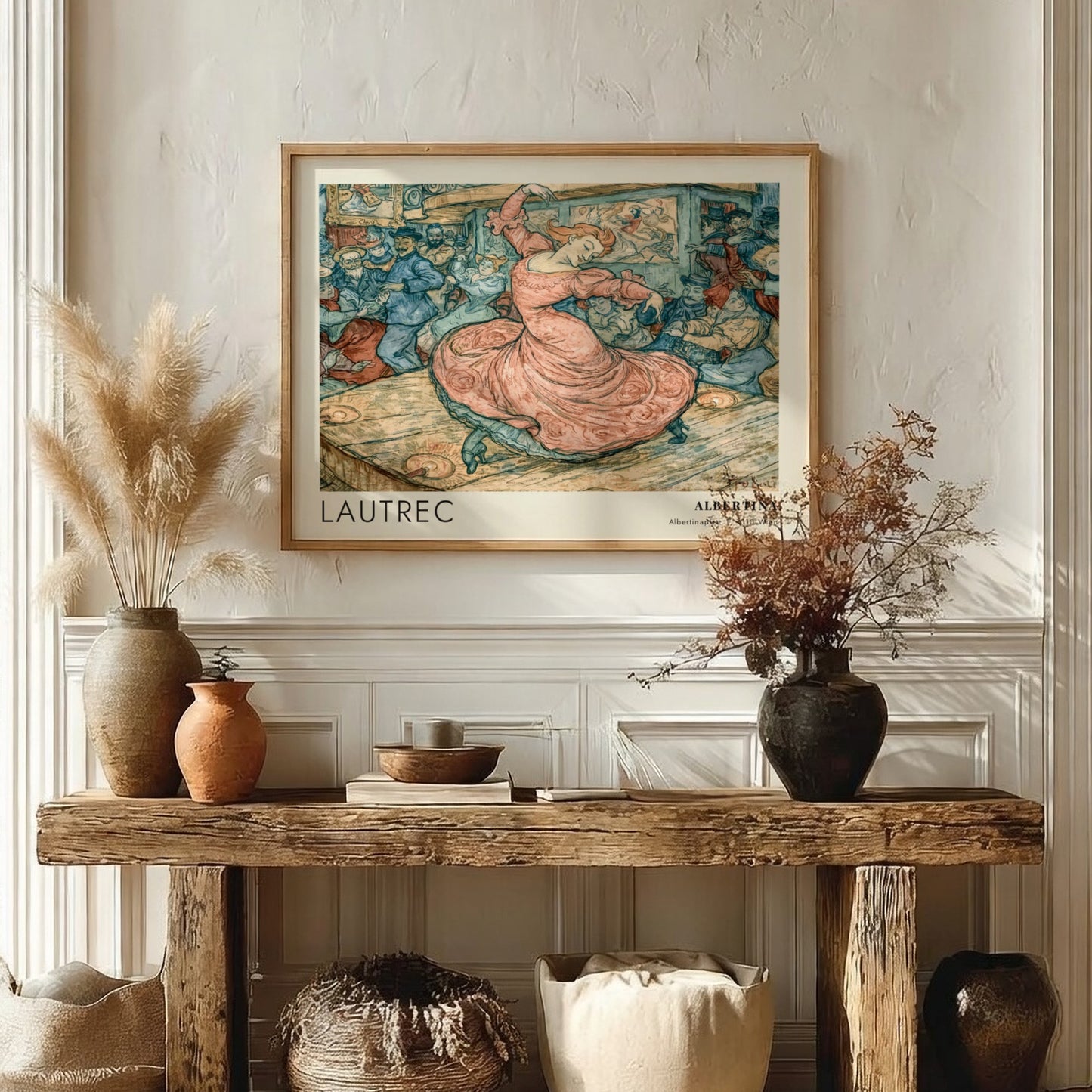 Wall art poster featuring a Toulouse-Lautrec illustration of May Belfort dancing in pink.