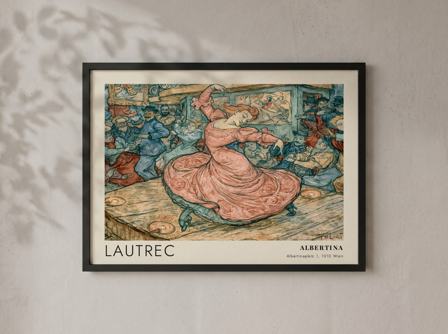 Wall art poster featuring a Toulouse-Lautrec illustration of May Belfort dancing in pink.