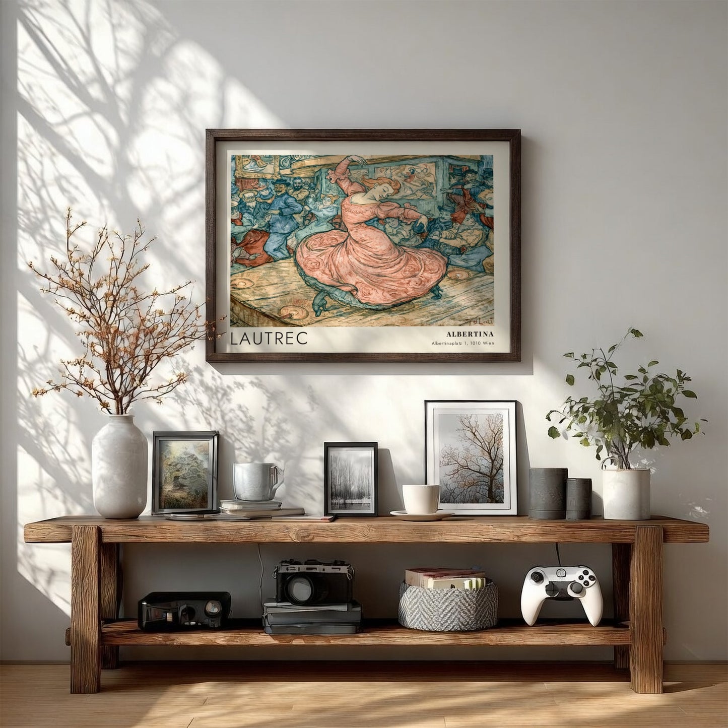 Wall art poster featuring a Toulouse-Lautrec illustration of May Belfort dancing in pink.