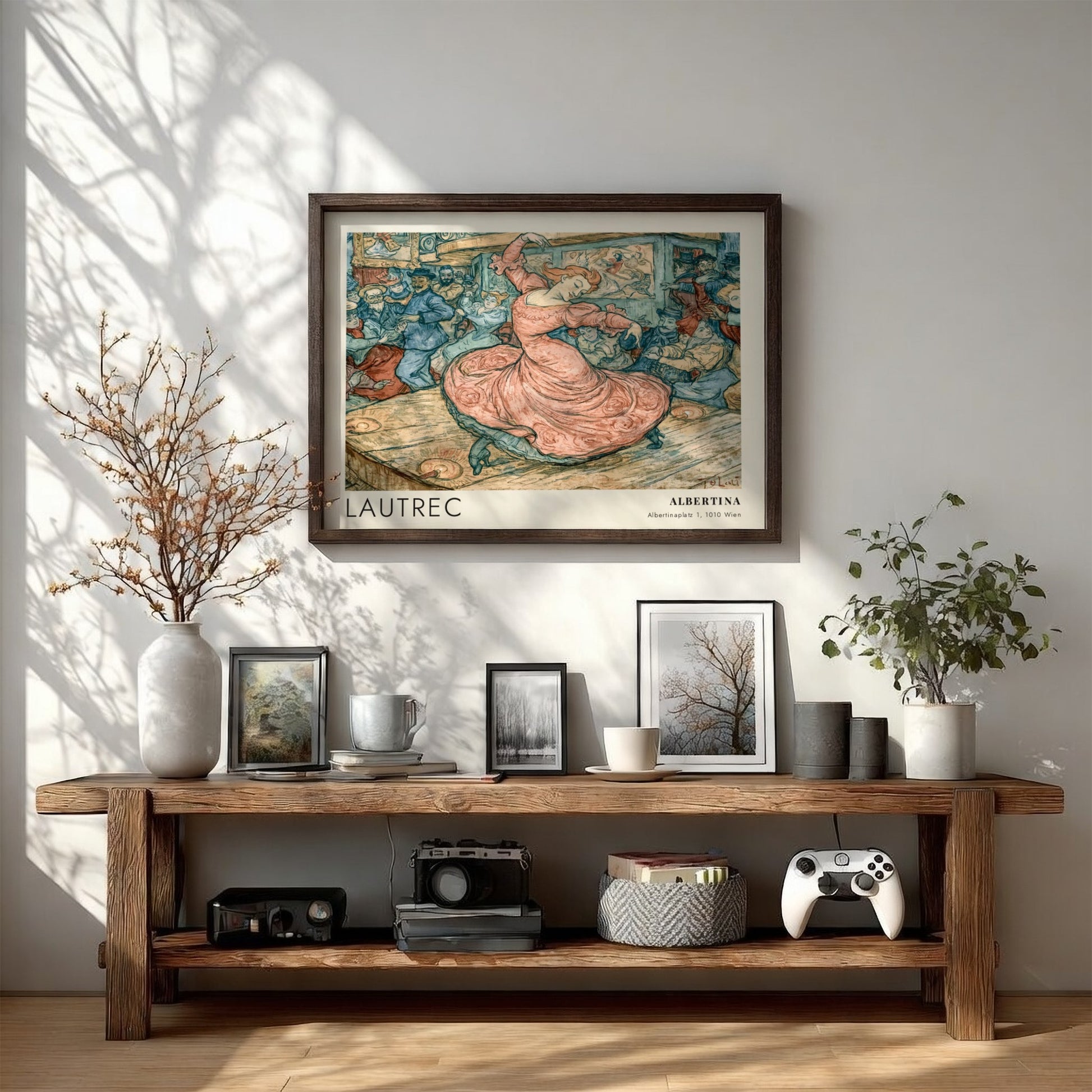 Wall art poster featuring a Toulouse-Lautrec illustration of May Belfort dancing in pink.