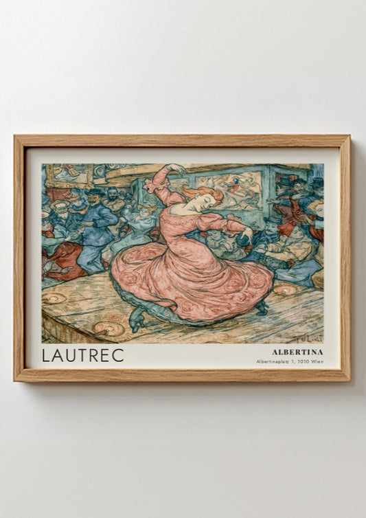 Wall art poster featuring a Toulouse-Lautrec illustration of May Belfort dancing in pink.