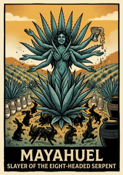 Mayahuel poster featuring a multi-armed goddess in a teal agave field with rabbits