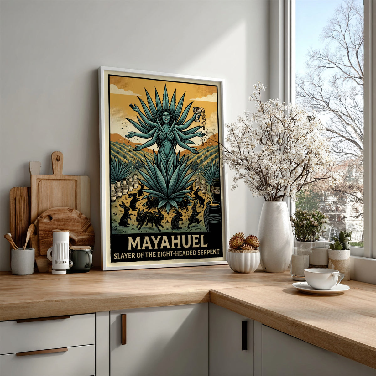 Mayahuel poster featuring a multi-armed goddess in a teal agave field with rabbits