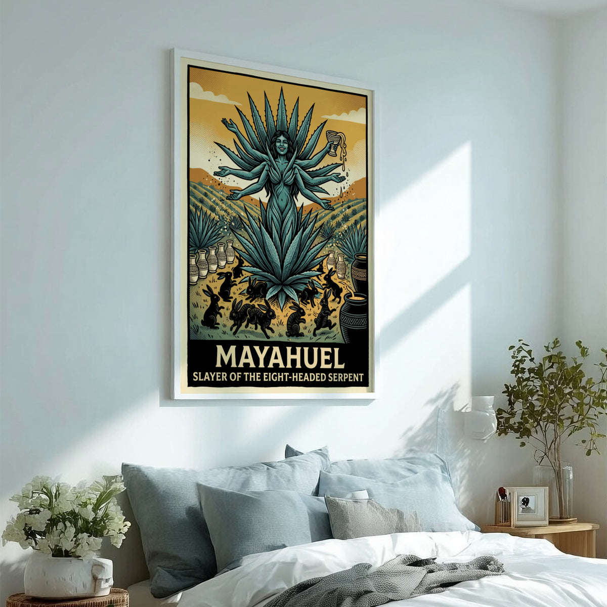 Mayahuel poster featuring a multi-armed goddess in a teal agave field with rabbits
