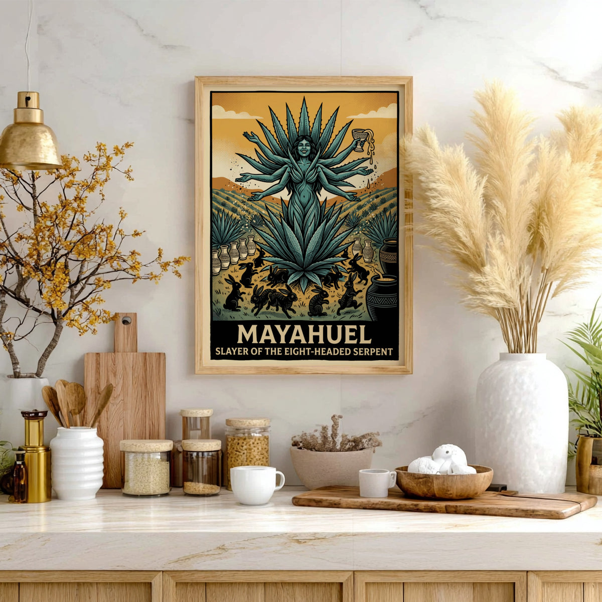 Mayahuel poster featuring a multi-armed goddess in a teal agave field with rabbits