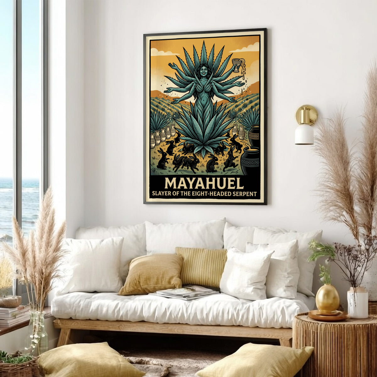 Mayahuel poster featuring a multi-armed goddess in a teal agave field with rabbits