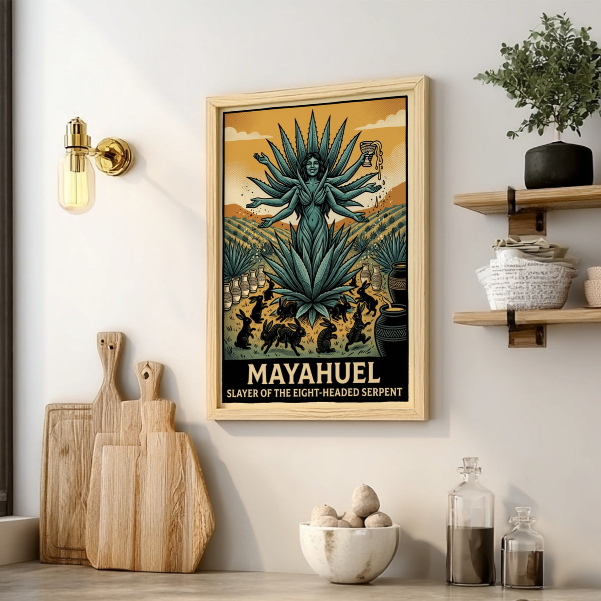Mayahuel poster featuring a multi-armed goddess in a teal agave field with rabbits