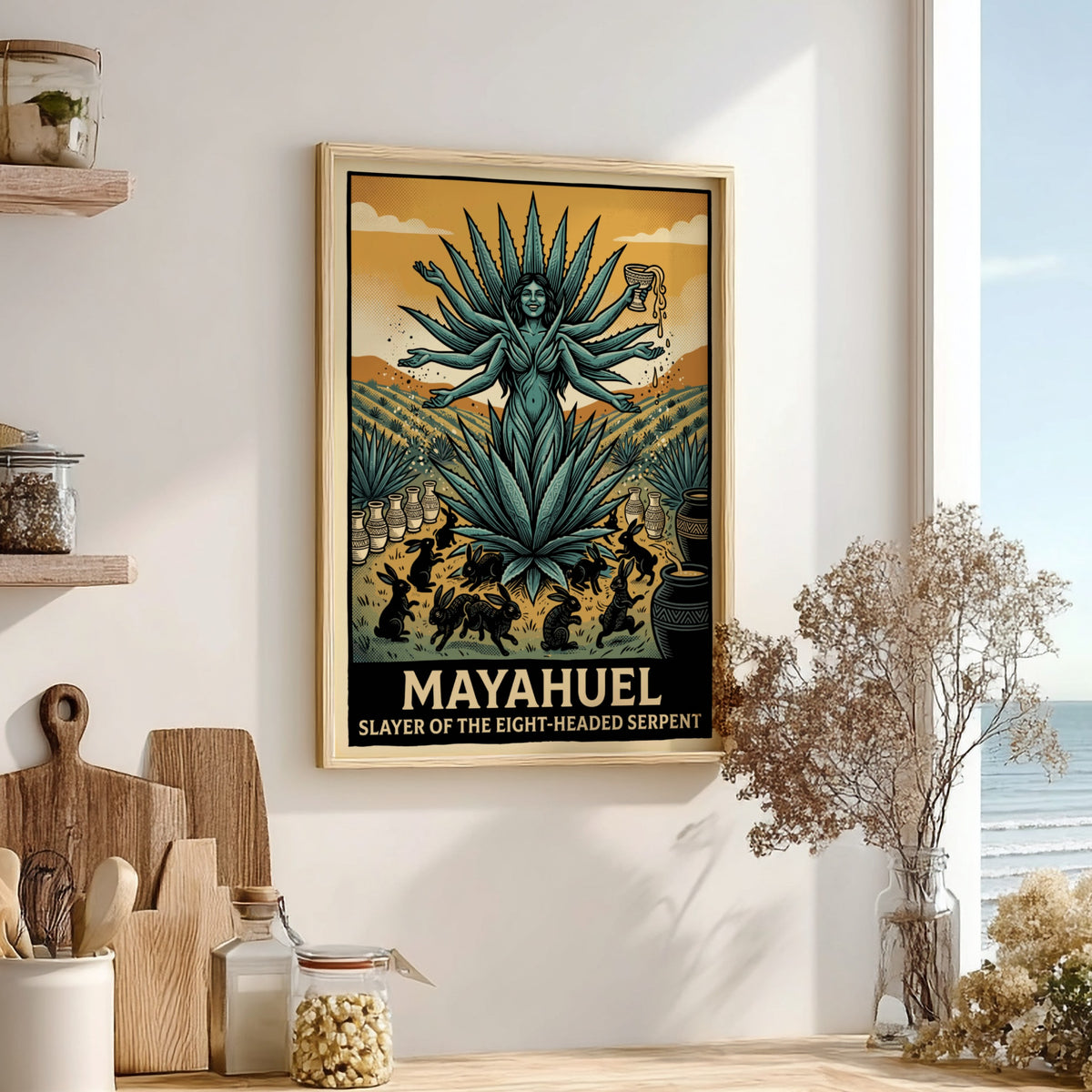 Mayahuel poster featuring a multi-armed goddess in a teal agave field with rabbits