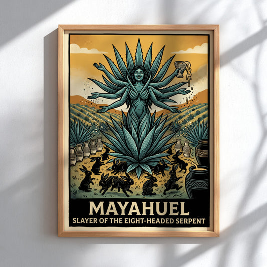 Mayahuel poster featuring a multi-armed goddess in a teal agave field with rabbits