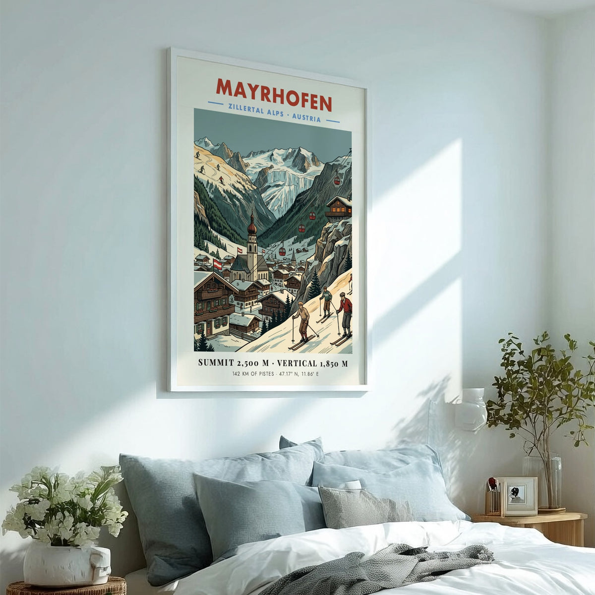 Vintage travel poster showing Mayrhofen village, snow-covered Zillertal Alps, red gondolas, and skiers