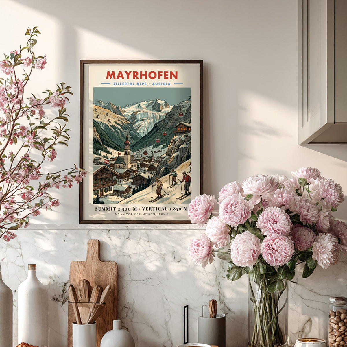 Vintage travel poster showing Mayrhofen village, snow-covered Zillertal Alps, red gondolas, and skiers