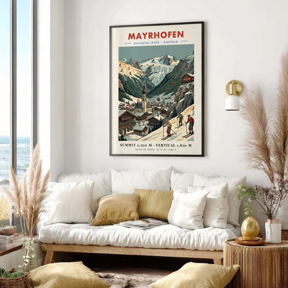 Vintage travel poster showing Mayrhofen village, snow-covered Zillertal Alps, red gondolas, and skiers