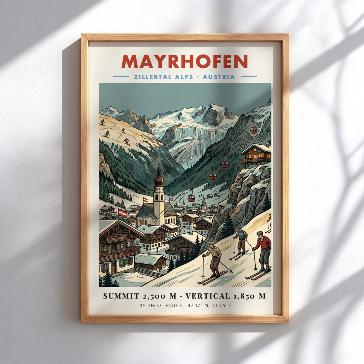 Vintage travel poster showing Mayrhofen village, snow-covered Zillertal Alps, red gondolas, and skiers