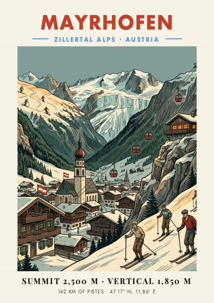 Vintage travel poster showing Mayrhofen village, snow-covered Zillertal Alps, red gondolas, and skiers