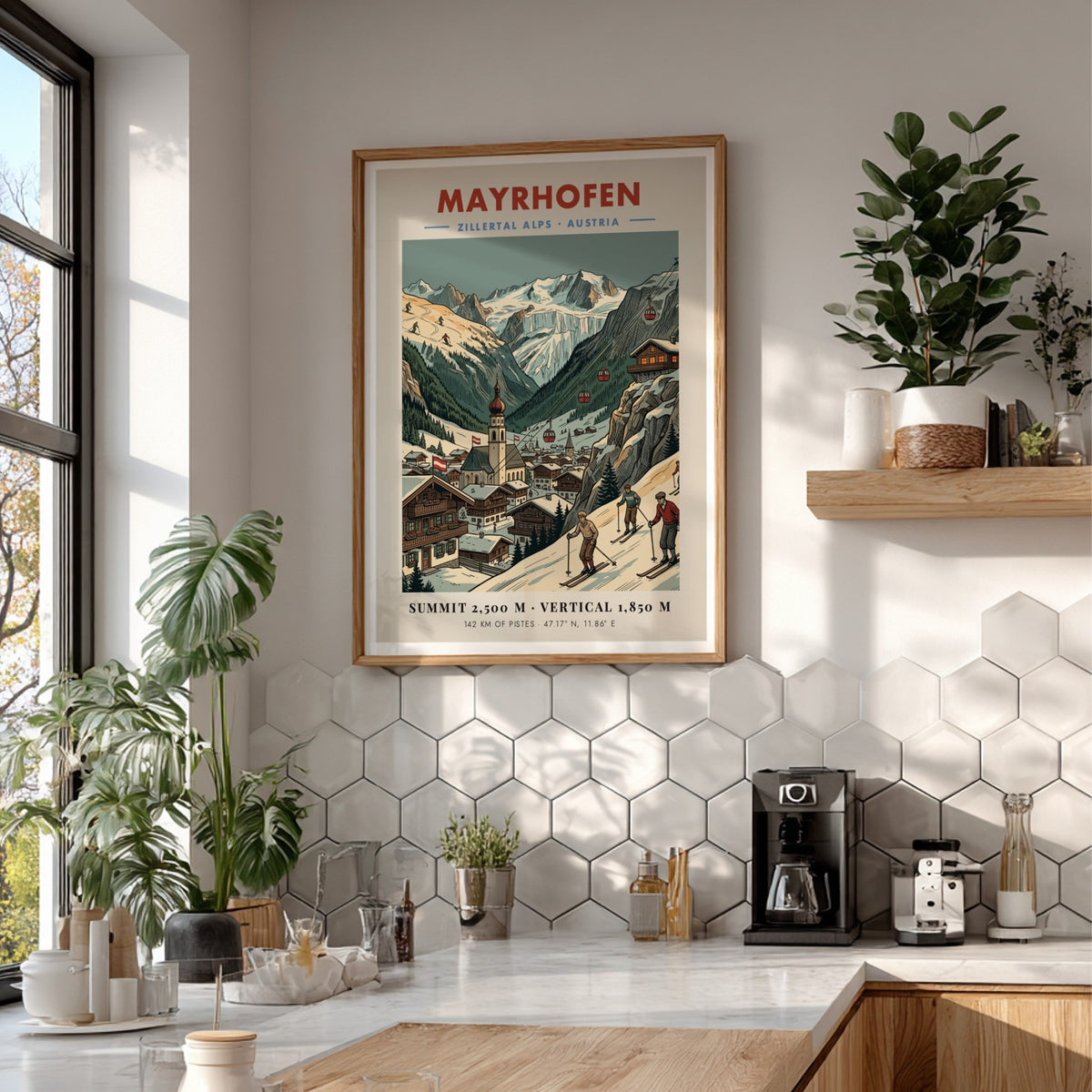 Vintage travel poster showing Mayrhofen village, snow-covered Zillertal Alps, red gondolas, and skiers