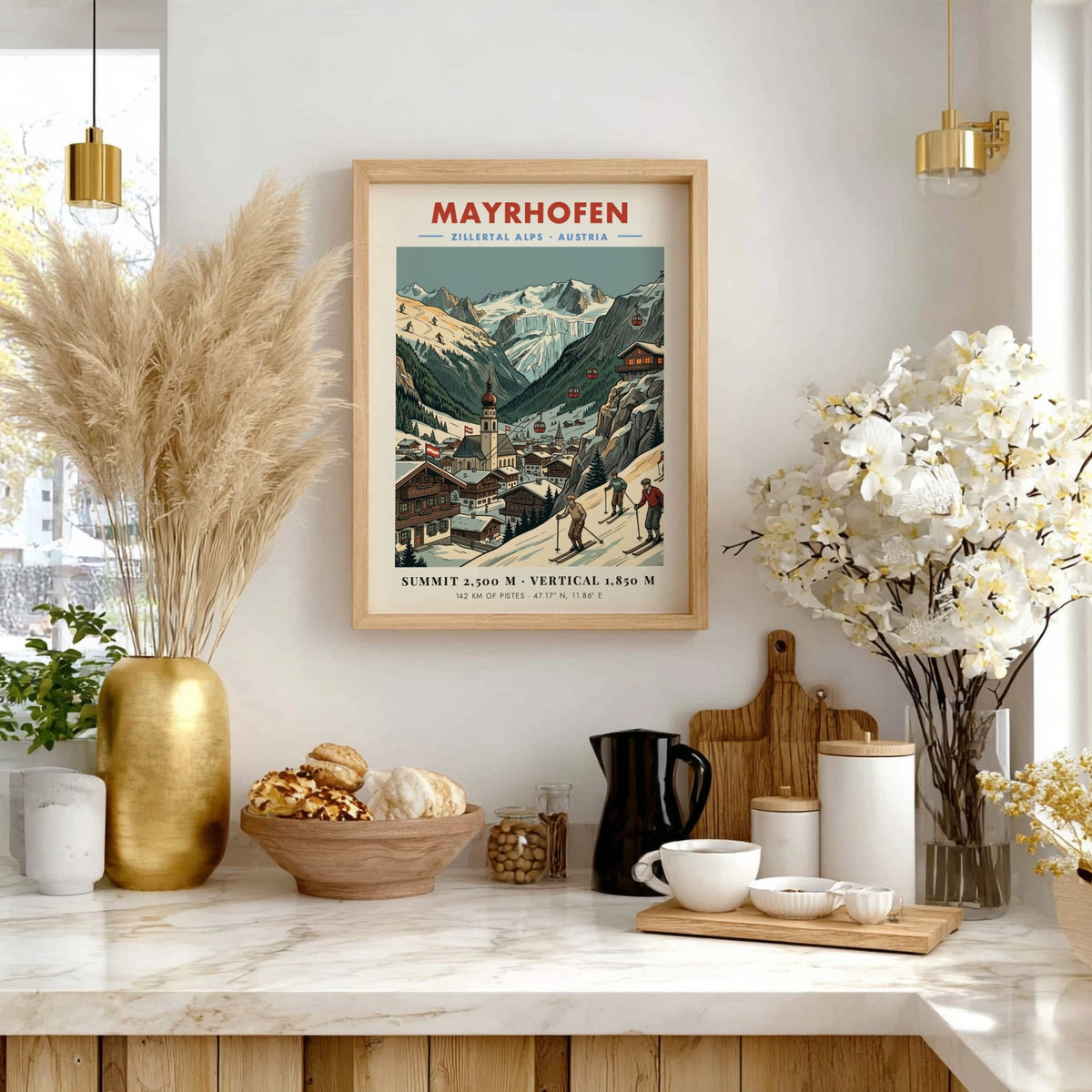 Vintage travel poster showing Mayrhofen village, snow-covered Zillertal Alps, red gondolas, and skiers