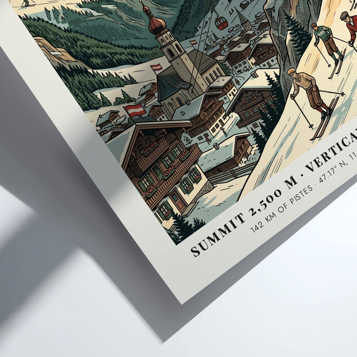 Vintage travel poster showing Mayrhofen village, snow-covered Zillertal Alps, red gondolas, and skiers