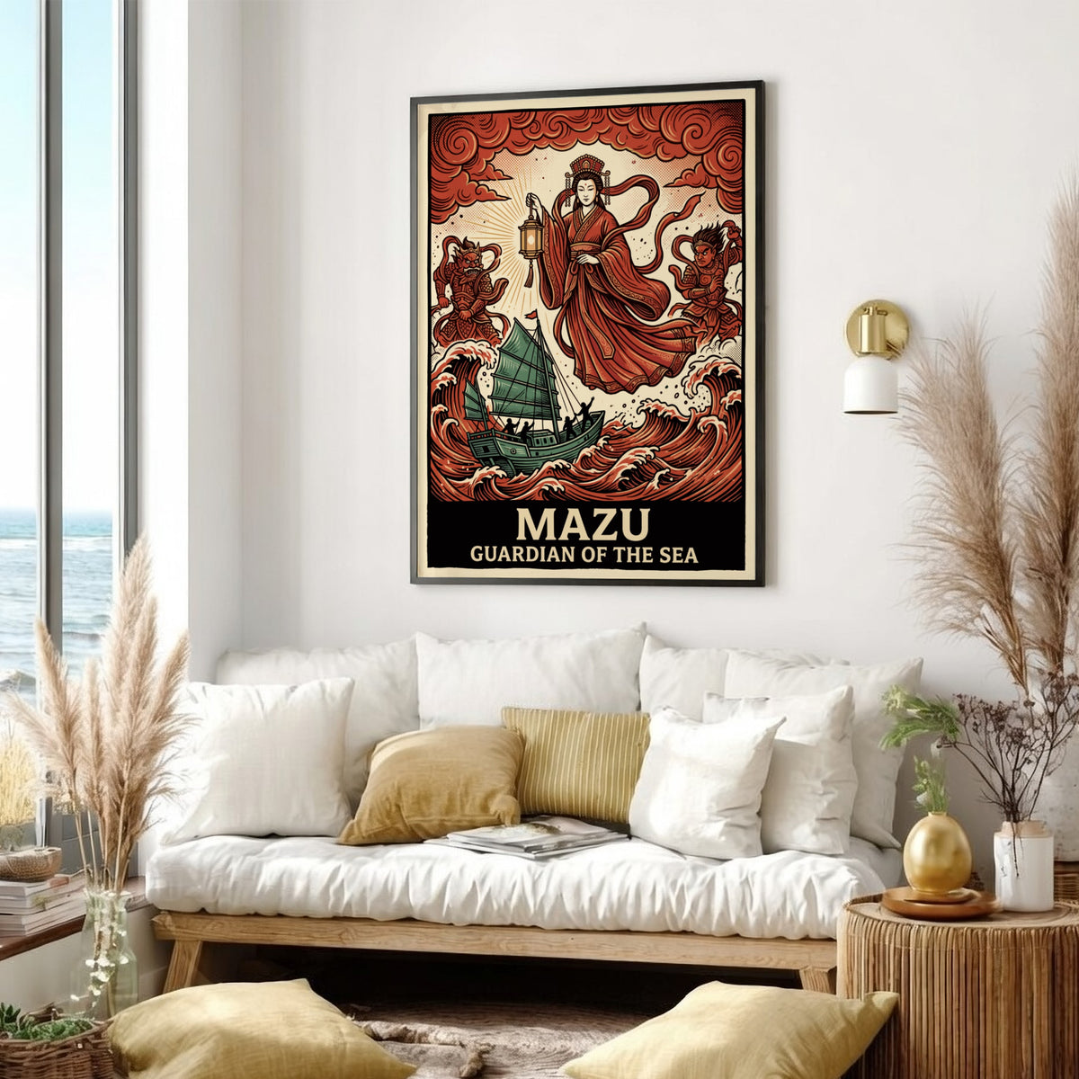 Poster featuring Mazu the Chinese sea goddess with a lantern above stormy waves