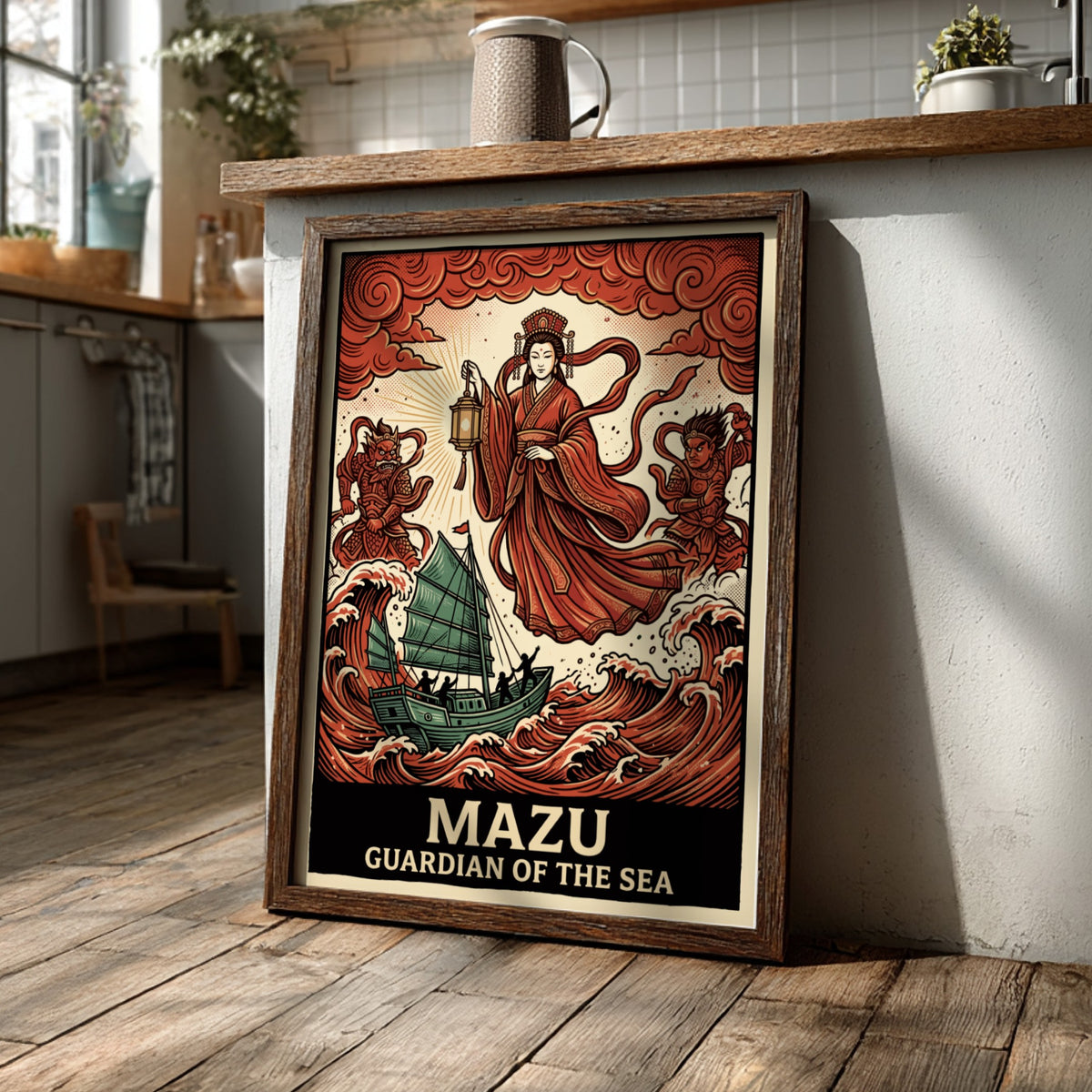 Poster featuring Mazu the Chinese sea goddess with a lantern above stormy waves