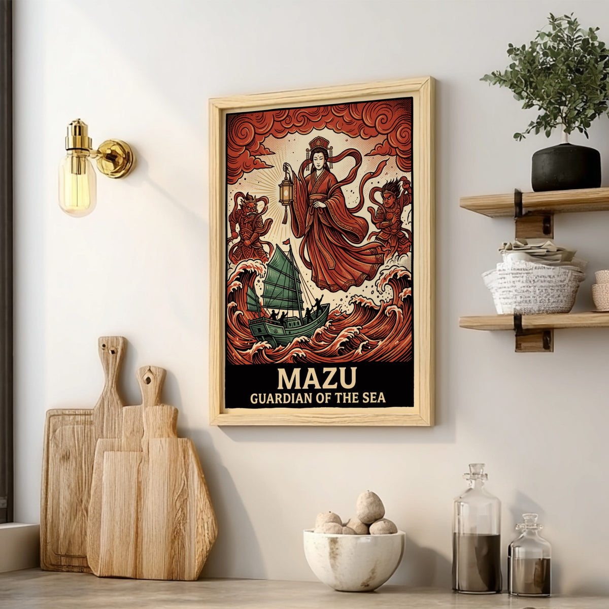 Poster featuring Mazu the Chinese sea goddess with a lantern above stormy waves