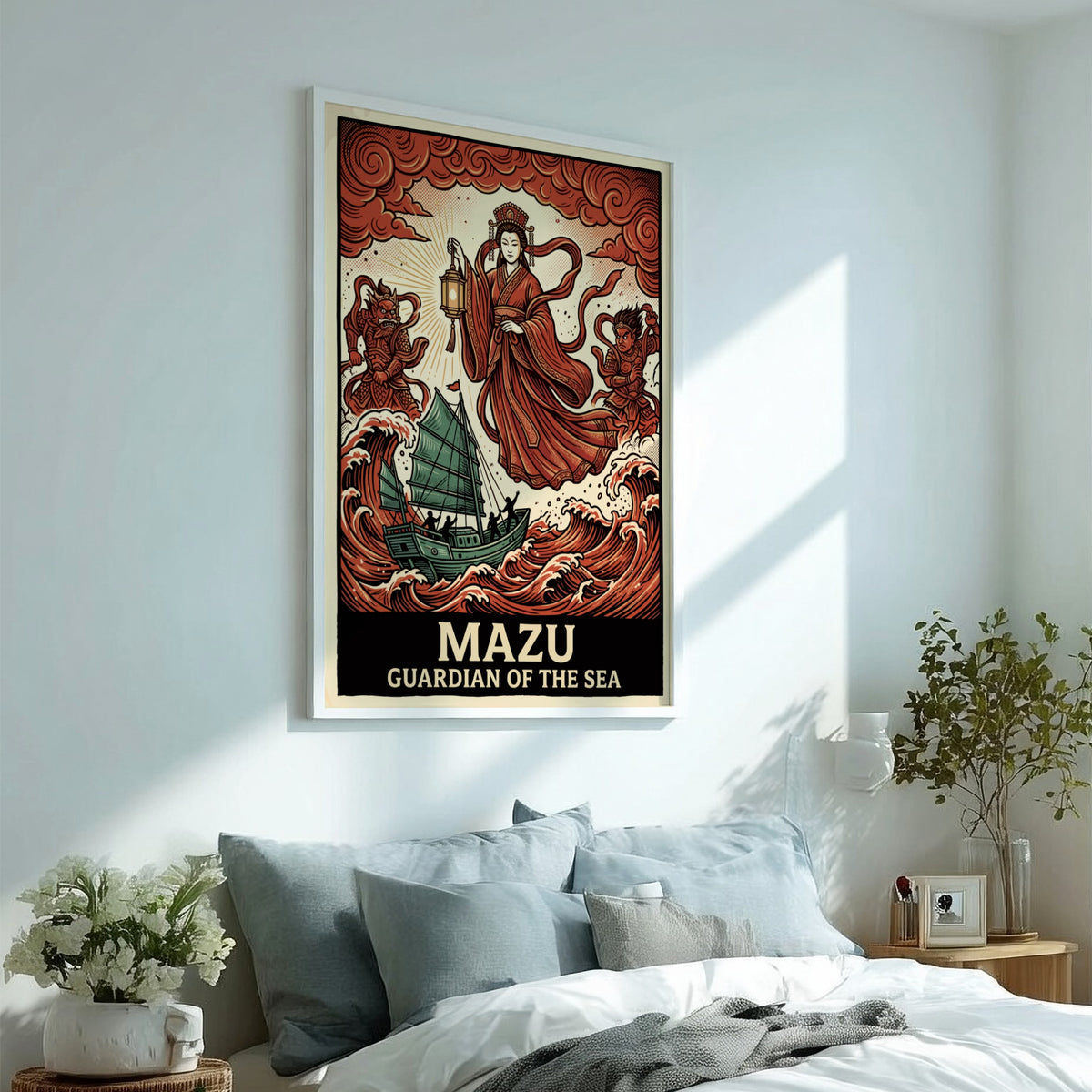Poster featuring Mazu the Chinese sea goddess with a lantern above stormy waves