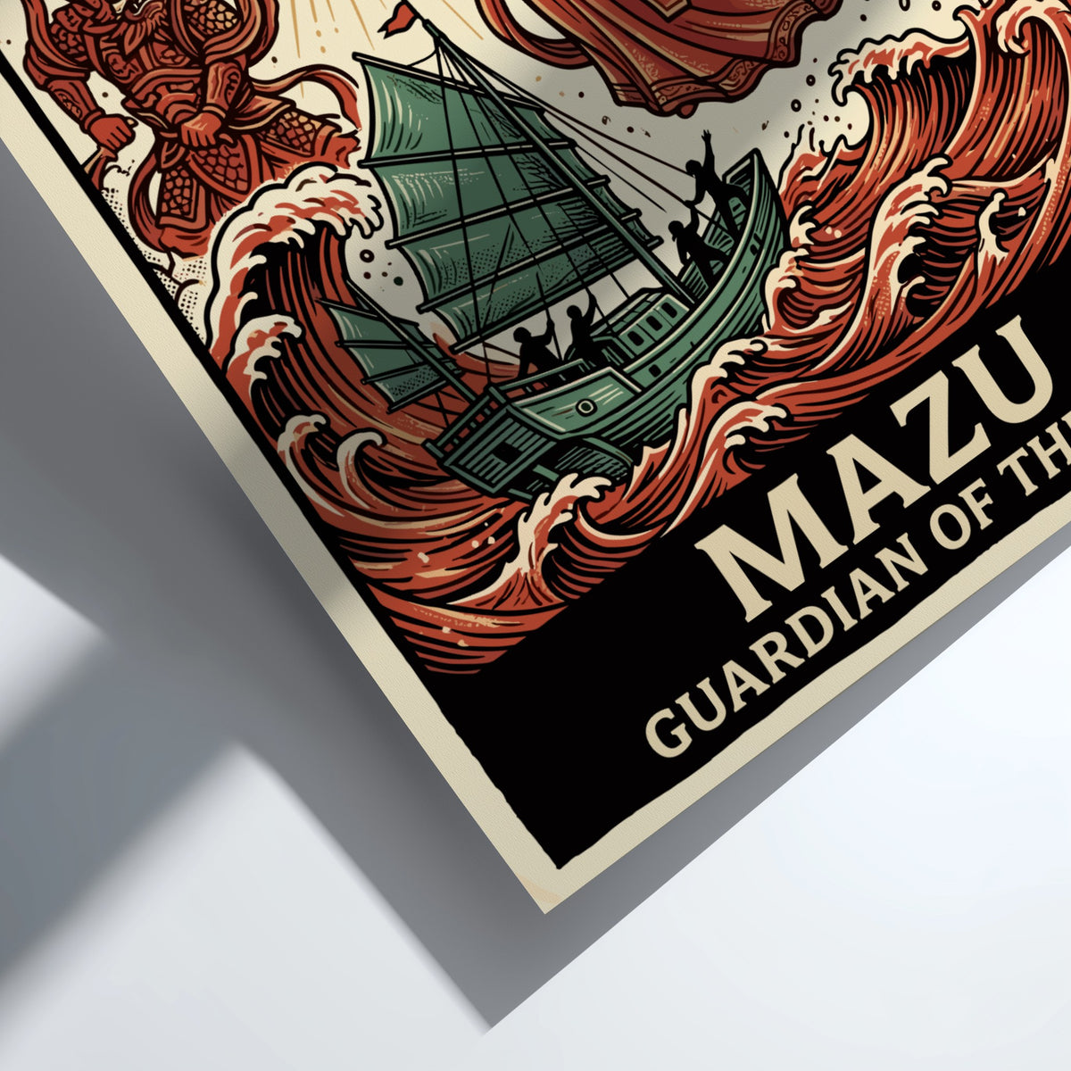 Poster featuring Mazu the Chinese sea goddess with a lantern above stormy waves