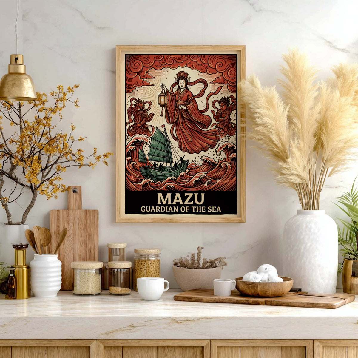 Poster featuring Mazu the Chinese sea goddess with a lantern above stormy waves