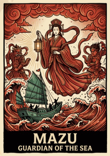 Poster featuring Mazu the Chinese sea goddess with a lantern above stormy waves