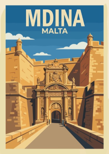 Poster of Mdina Malta featuring golden stone city gates under a bright blue sky.