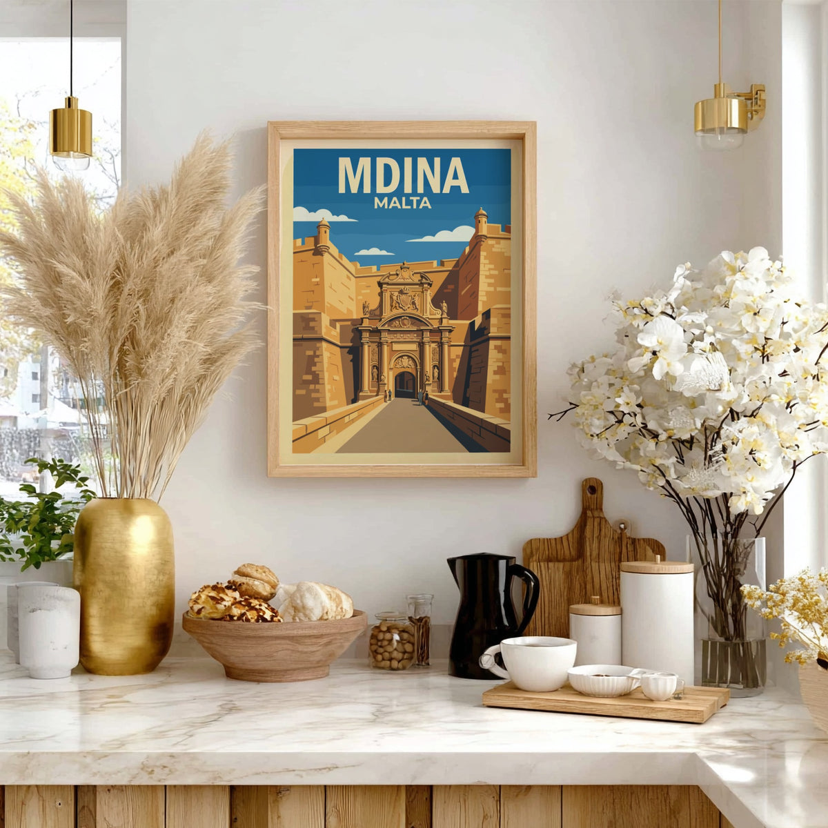 Poster of Mdina Malta featuring golden stone city gates under a bright blue sky.