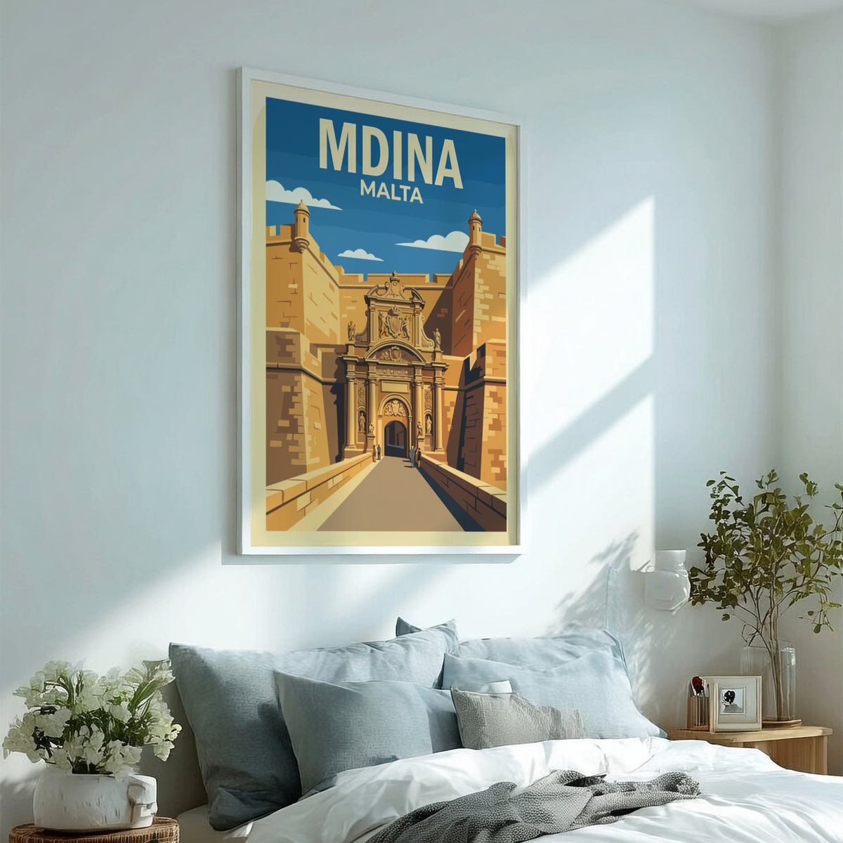 Poster of Mdina Malta featuring golden stone city gates under a bright blue sky.