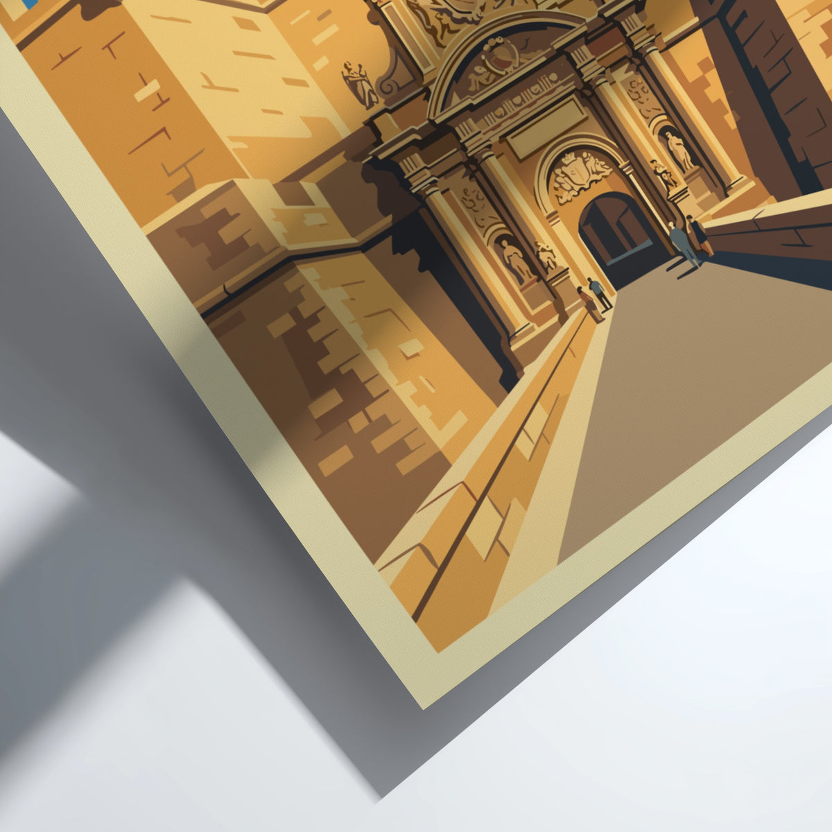 Poster of Mdina Malta featuring golden stone city gates under a bright blue sky.