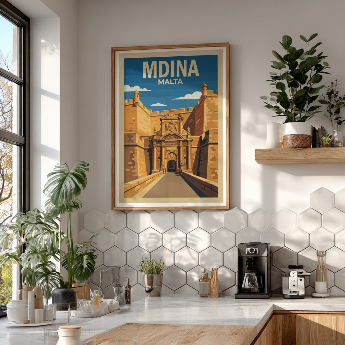 Poster of Mdina Malta featuring golden stone city gates under a bright blue sky.