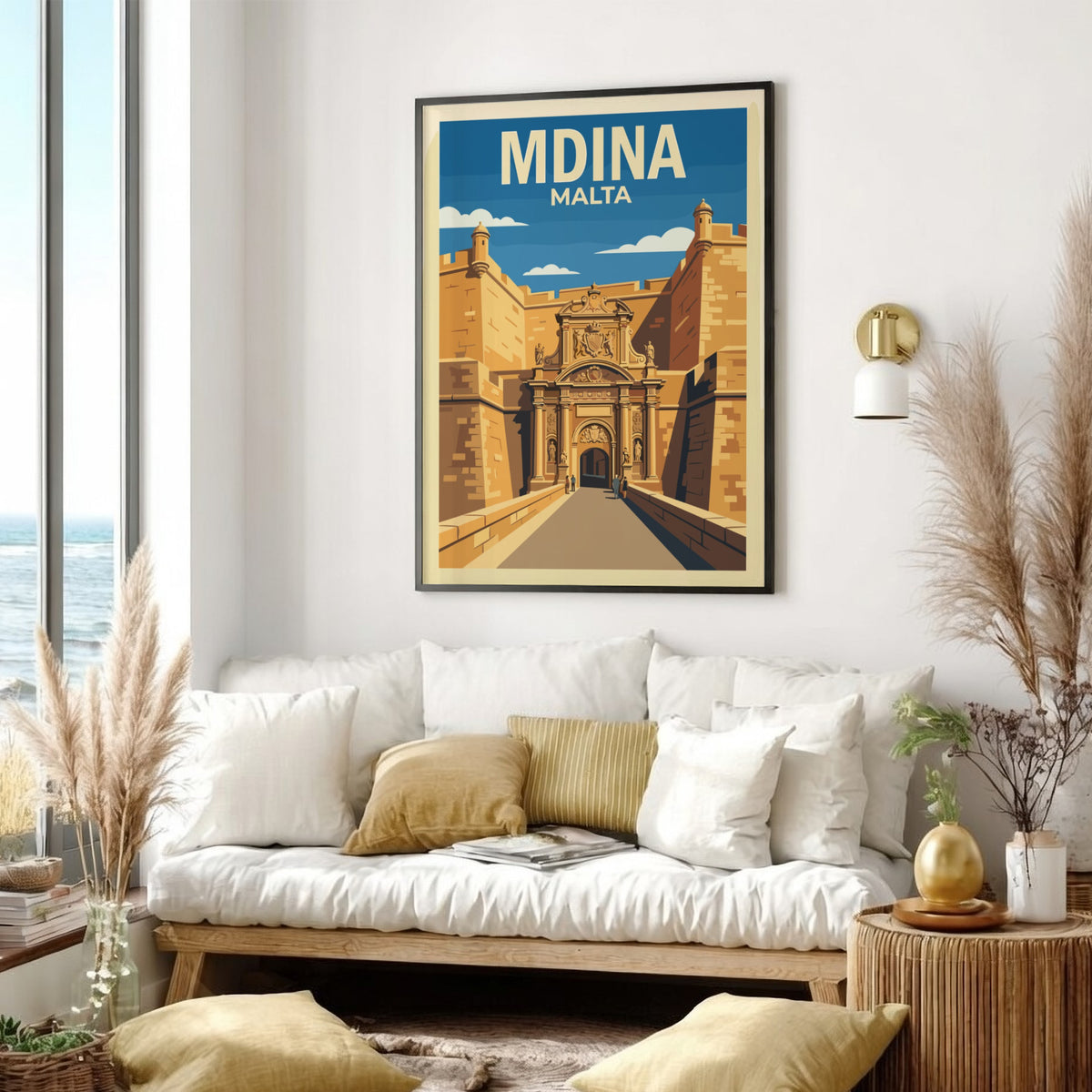 Poster of Mdina Malta featuring golden stone city gates under a bright blue sky.