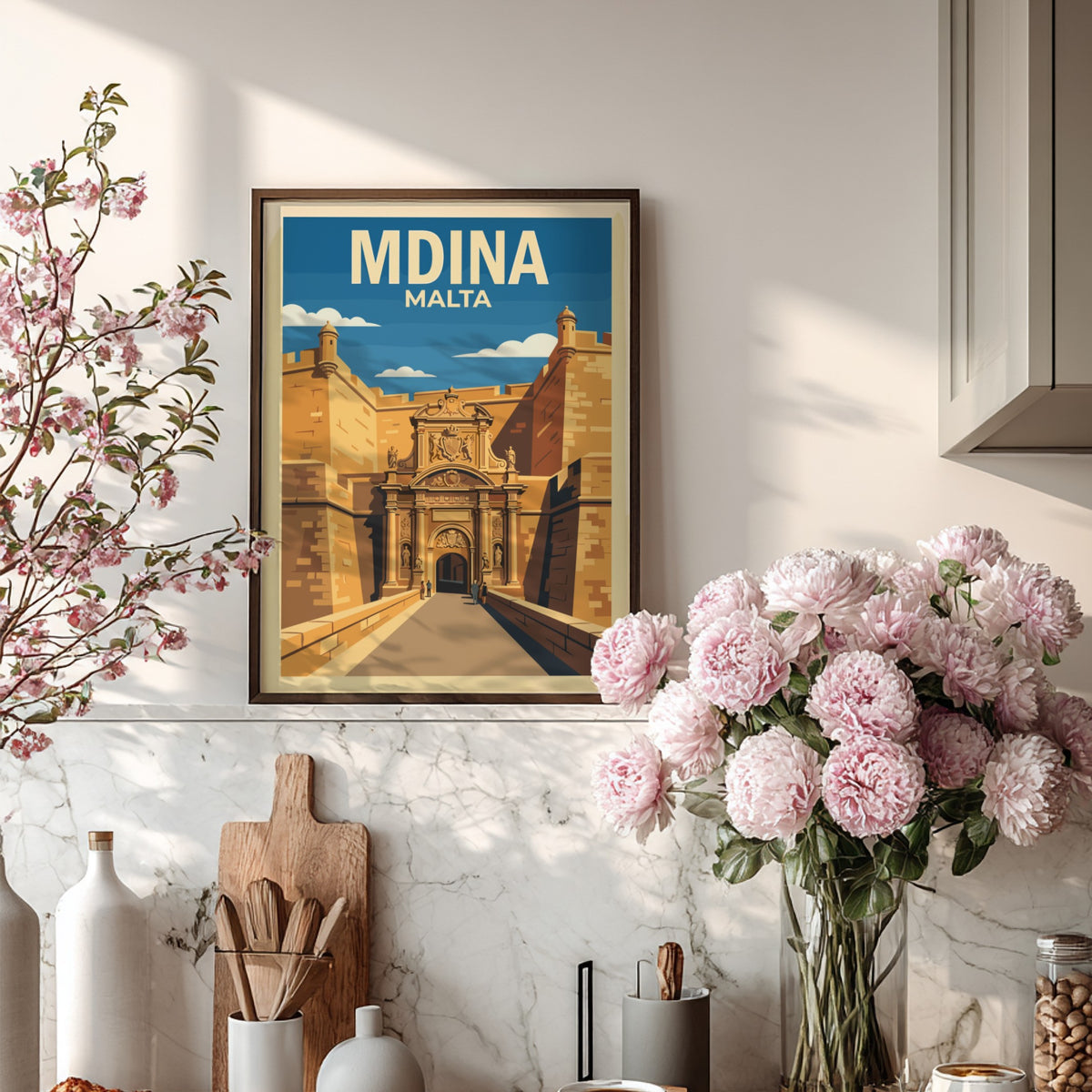 Poster of Mdina Malta featuring golden stone city gates under a bright blue sky.