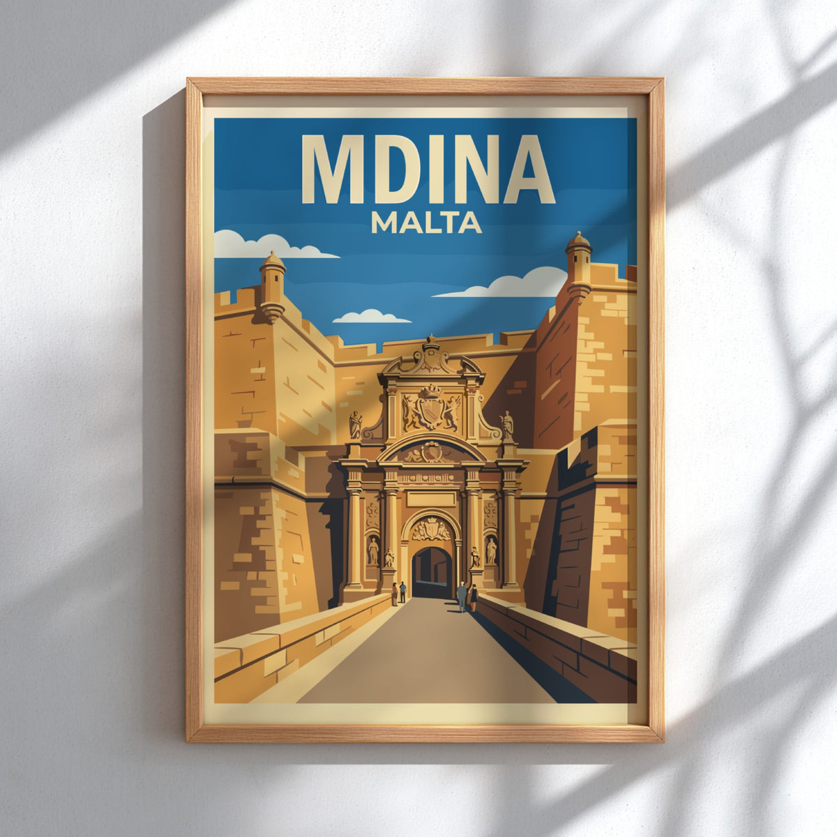 Poster of Mdina Malta featuring golden stone city gates under a bright blue sky.