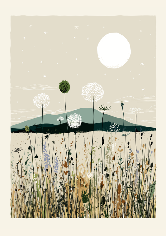 Artistic depiction of a field with wildflowers and mountains under a large moon.