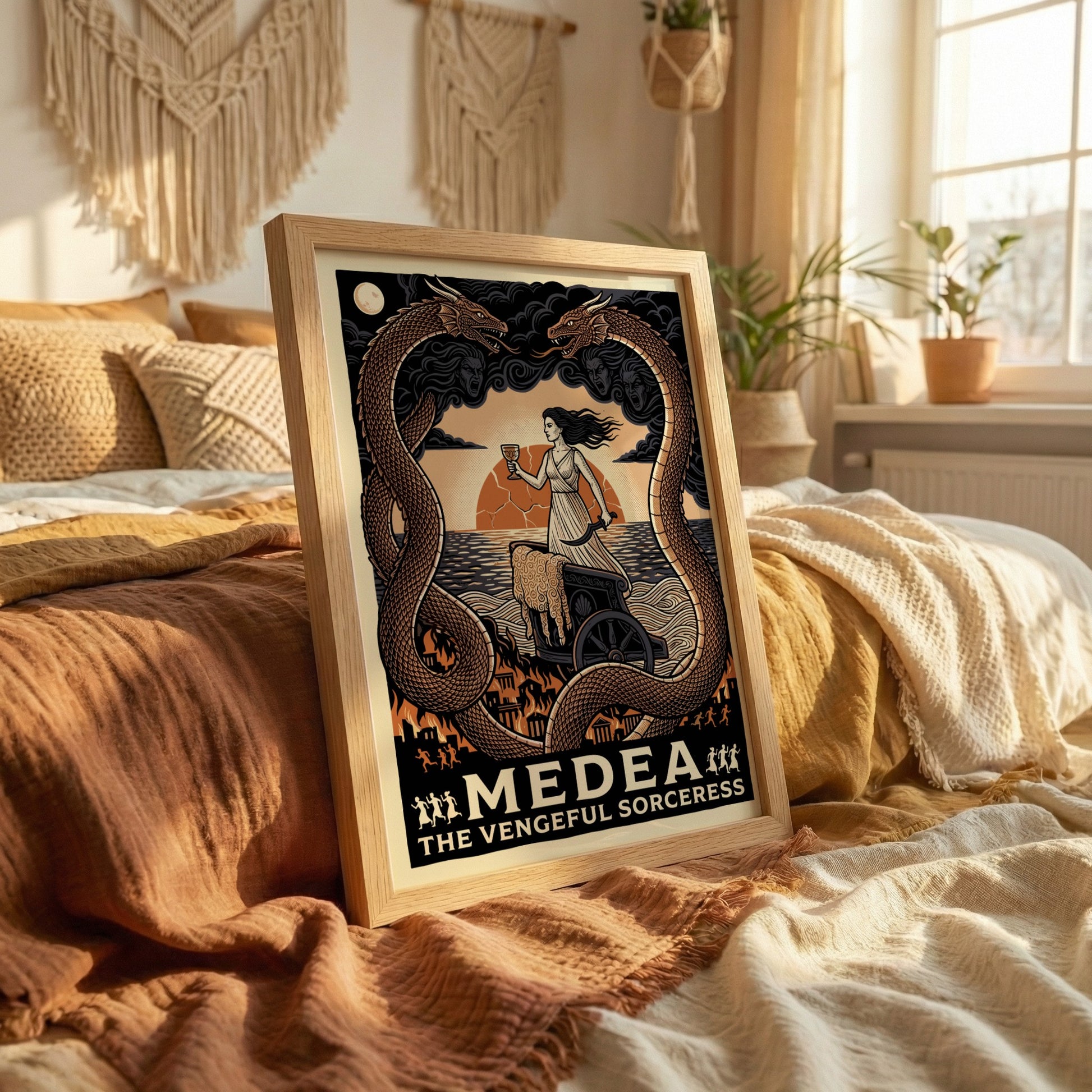 Medea Greek mythology poster, featuring the sorceress in a chariot with dragons and a sunset.