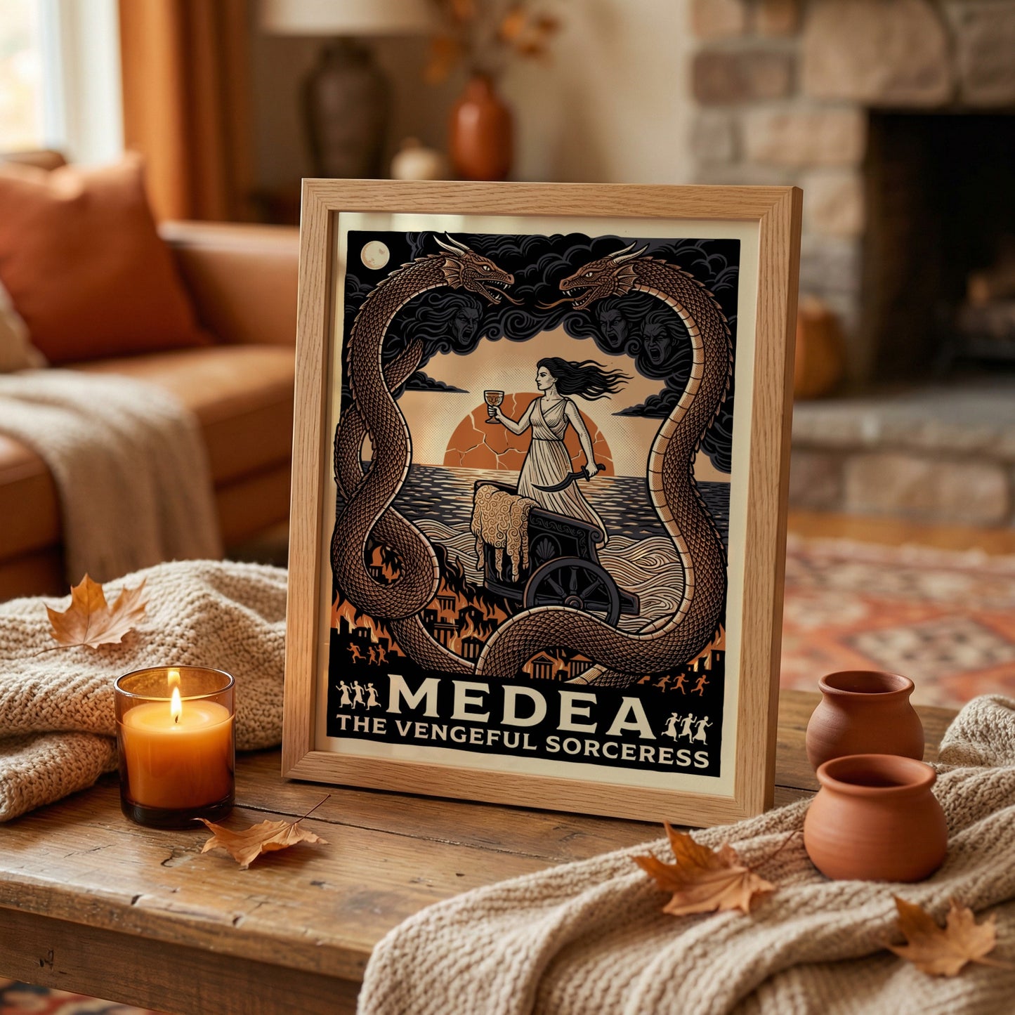 Medea Greek mythology poster, featuring the sorceress in a chariot with dragons and a sunset.