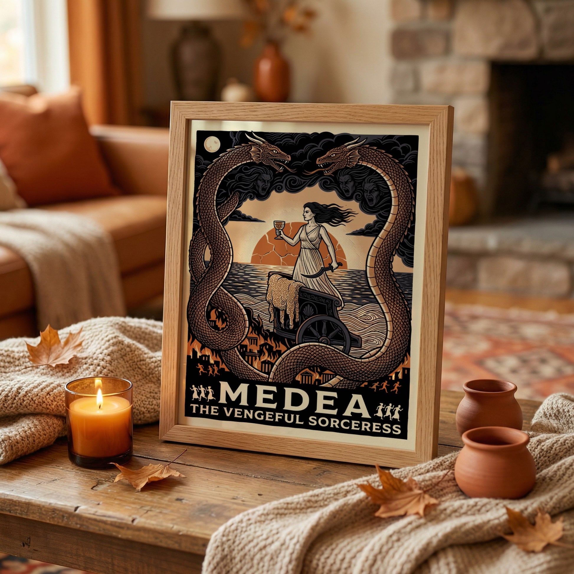 Medea Greek mythology poster, featuring the sorceress in a chariot with dragons and a sunset.