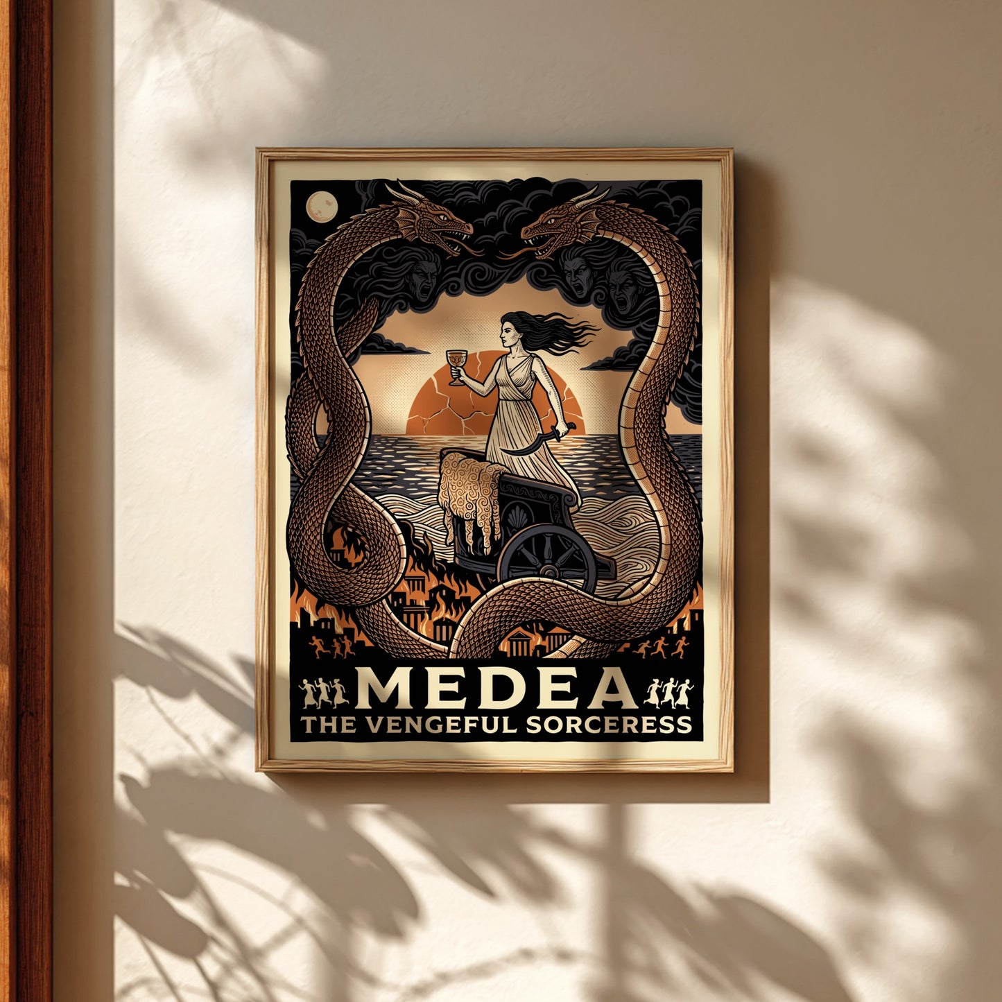 Medea Greek mythology poster, featuring the sorceress in a chariot with dragons and a sunset.