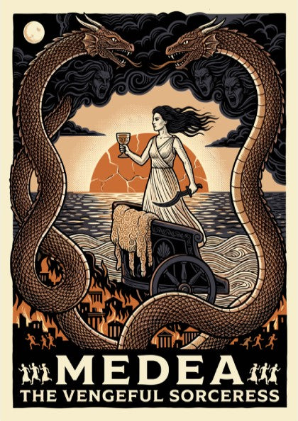 Medea Greek mythology poster, featuring the sorceress in a chariot with dragons and a sunset.