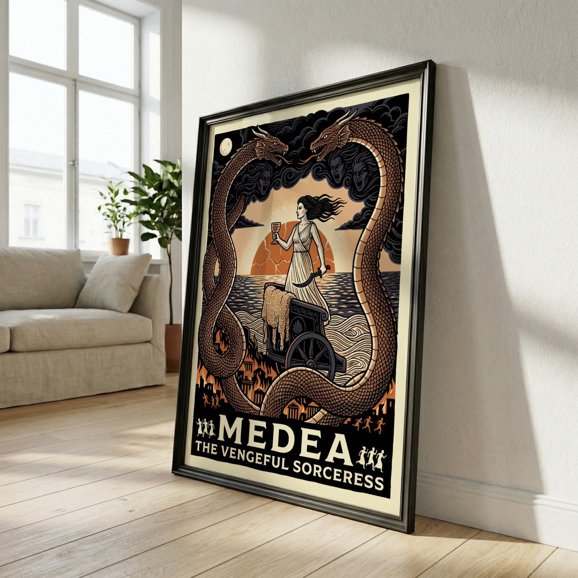 Medea Greek mythology poster, featuring the sorceress in a chariot with dragons and a sunset.